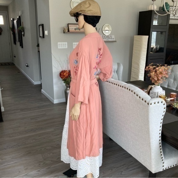 💋 Xhilaration coral peach kimono robe 👘 tie long cardigan Embroidered floral - Picture 7 of 11